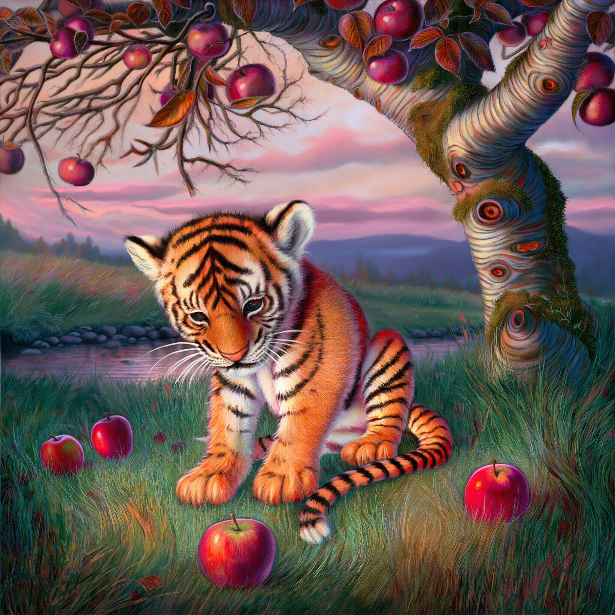 图注：苹果树下一只小老虎的数字艺术，采用哑光绘画风格，细节华丽