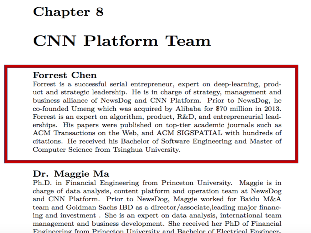 CNN白皮书显示，项目实际人为Forrest Chen（陈彧堃），即NewsDog创始人。