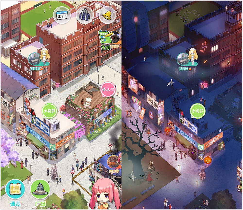 Neta主界面的虚拟校园地图，白天晚上有所不同。