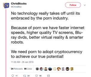 （图片译文：没有哪项科技能真正起飞，直到它拥抱色情业。因为有了色情业，我们的网速变得更快，电视屏幕质量更高，然后又有了蓝光DVD、更好的VR设备以及智能机器人……我们需要色情业帮助加密货币领域激发真正的潜能！）