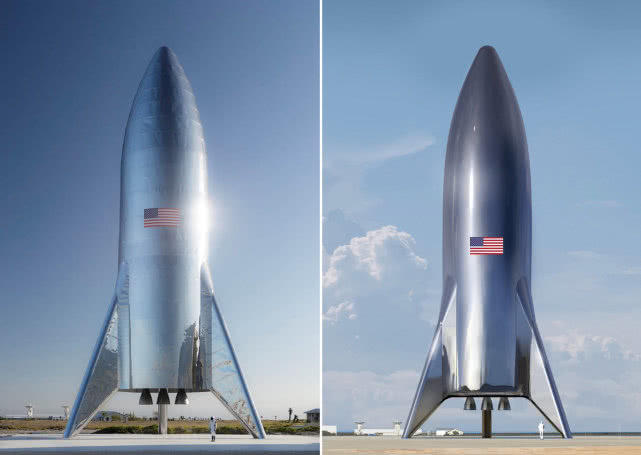 SpaceX在德克萨斯州建造的火星不锈钢测试飞船原型（左）与渲染图对比，它们的底部都有穿着宇航服的人类，进而凸显出飞船的高大
