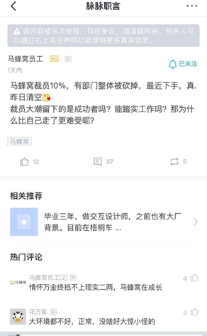 马蜂窝员工在脉脉职言上的留言。