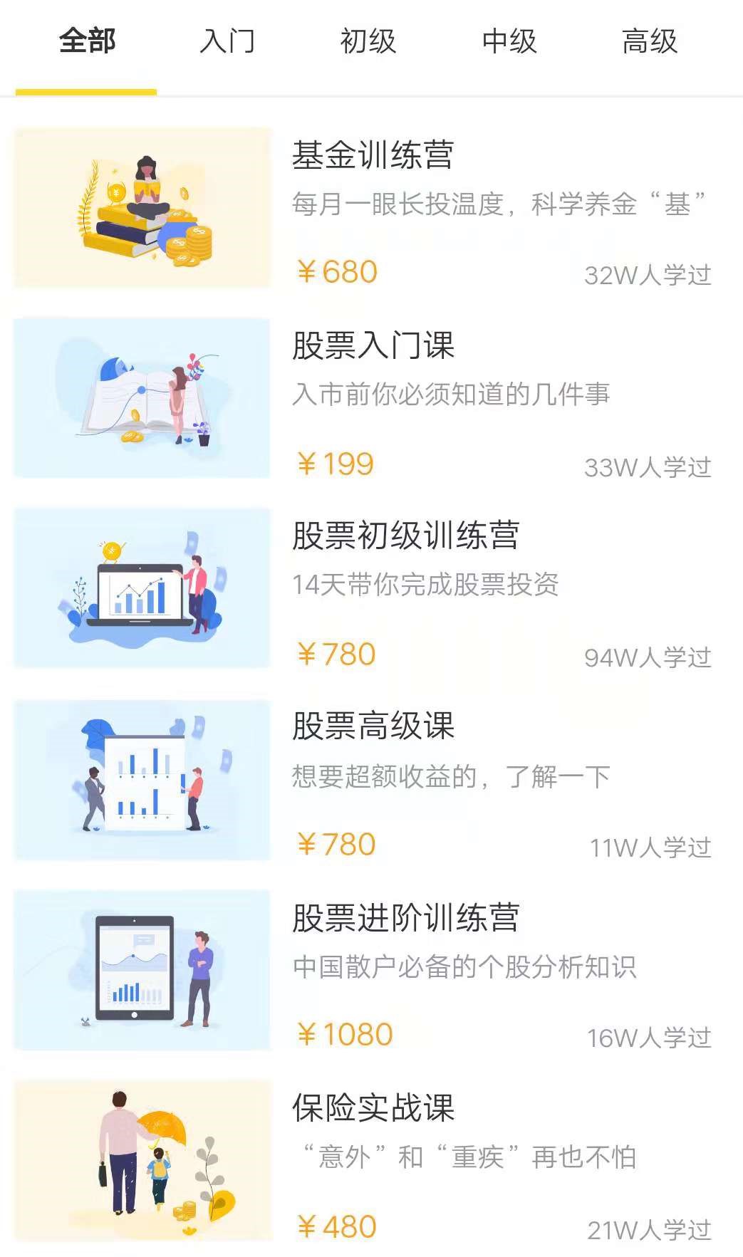 总共6门课程，覆盖基金、股票及保险3个大类
